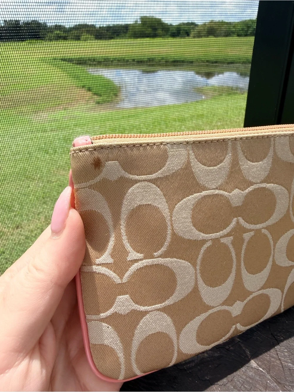 Coach Signature Jacquard Wristlet Khaki Pink Teal Hangtag Y2K Pouch
